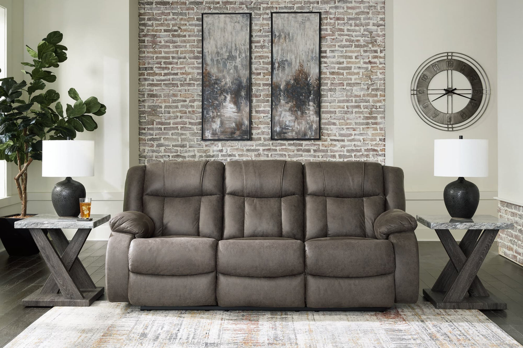 First Base Gunmetal Faux Leather Reclining Sofa front view