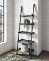 Yarlow Black leaning ladder bookcase front view showing five dark wood grain shelves