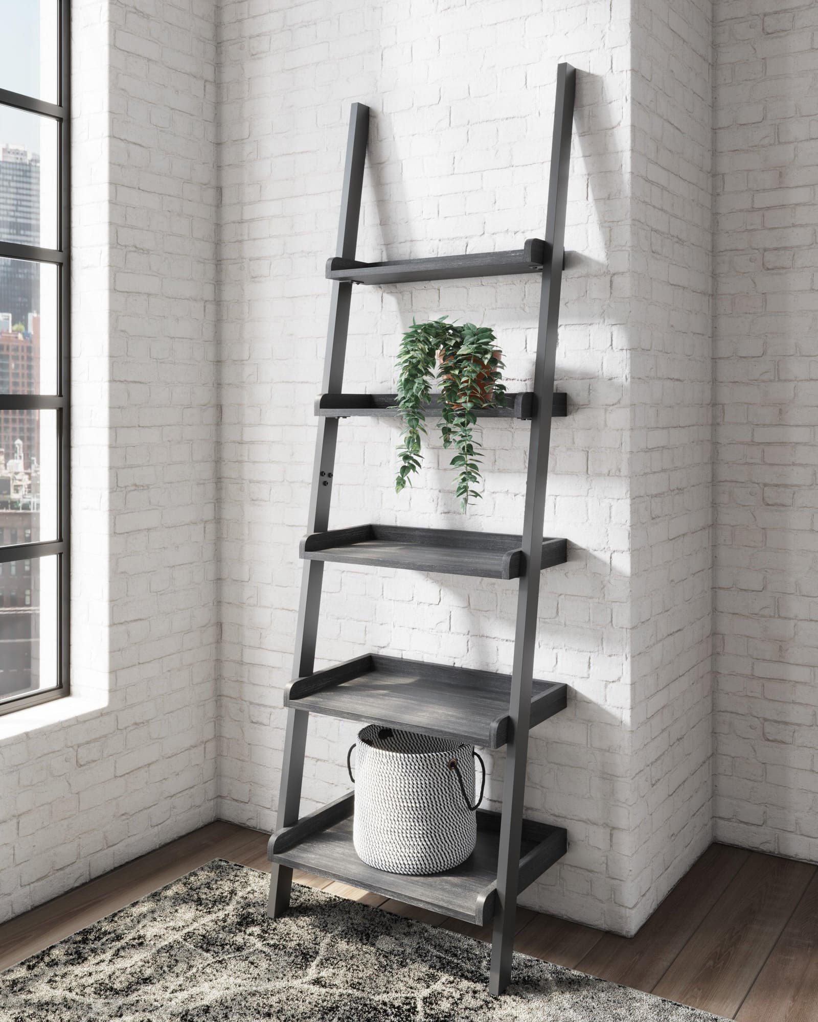 Yarlow Black leaning ladder bookcase front view showing five dark wood grain shelves