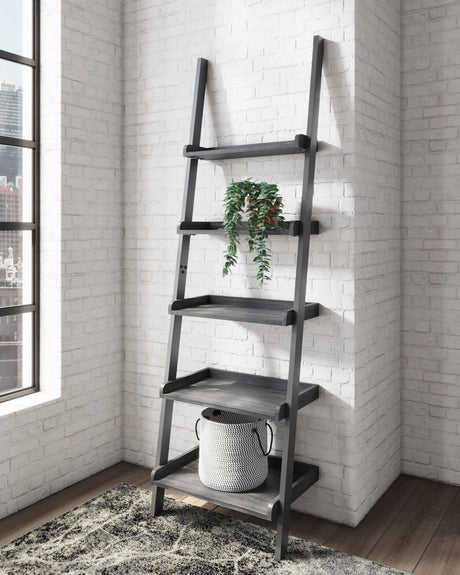 Yarlow Black leaning ladder bookcase front view showing five dark wood grain shelves