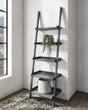 Yarlow Black leaning ladder bookcase front view showing five dark wood grain shelves