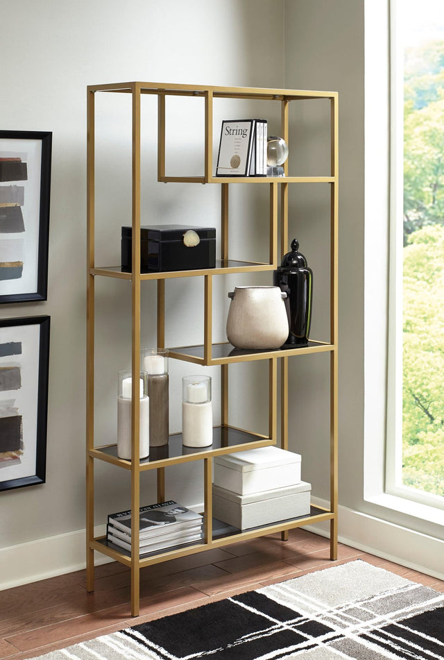 Frankwell gold finish metal and glass 5-shelf bookcase front angle