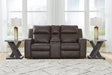 Lavenhorne Granite faux leather reclining loveseat with center console front angle