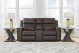 Lavenhorne Granite faux leather reclining loveseat with center console front angle