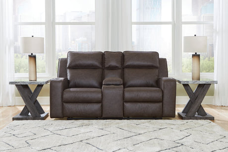 Lavenhorne Granite faux leather reclining loveseat with center console front angle