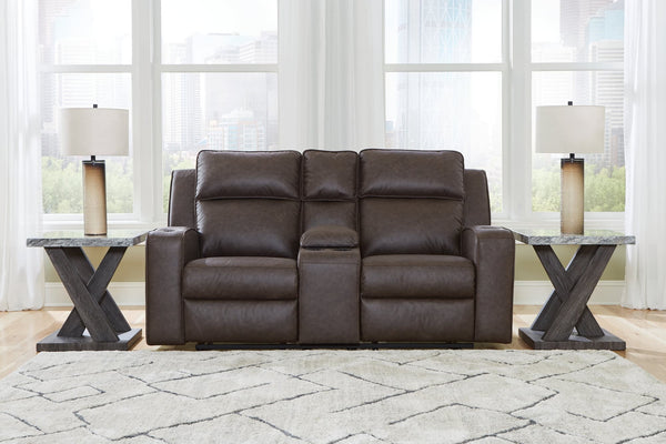 Lavenhorne Granite faux leather reclining loveseat with center console front angle