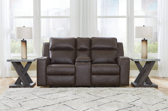 Lavenhorne Granite faux leather reclining loveseat with center console front angle