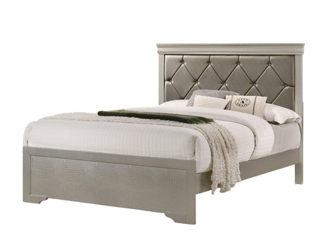 Amalia Silver King Faux Leather Upholstered Tufted Panel Bed front angle