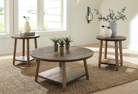 Multi-Color Round Occasional Table Set front view showing cocktail and end tables