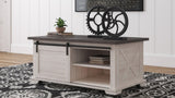 Dorrinson two-tone gray and antique white lift-top coffee table front view