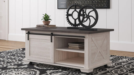 Dorrinson two-tone gray and antique white lift-top coffee table front view