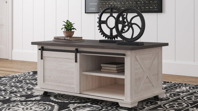 Dorrinson two-tone gray and antique white lift-top coffee table front view