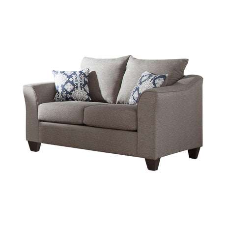Salizar Grey Flared Arm Loveseat front view in neutral grey fabric