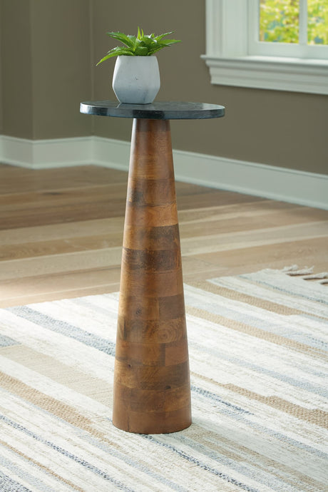 Quinndon Brown Black Accent Table angled view showing black marble top and wood base