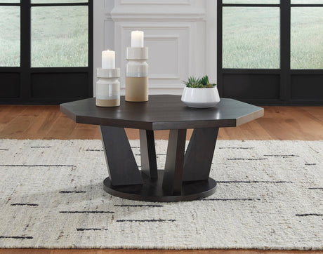 Loma Dark Brown Octagonal Mango Wood Veneer Cocktail Table angled view