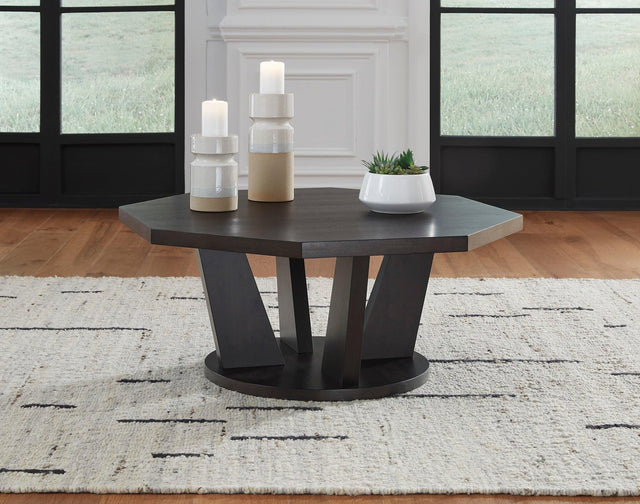 Loma Dark Brown Octagonal Mango Wood Veneer Cocktail Table angled view
