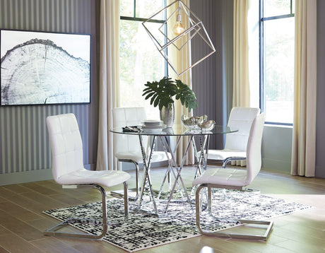 Madenere round dining set front view with glass top and chrome frame