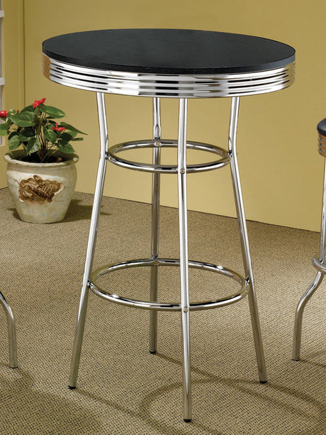 Theodore Round Bar Table front view with black top and chrome legs