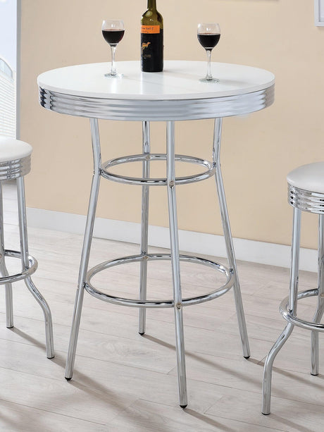 Theodore Round Bar Table showing chrome base and round white top front view