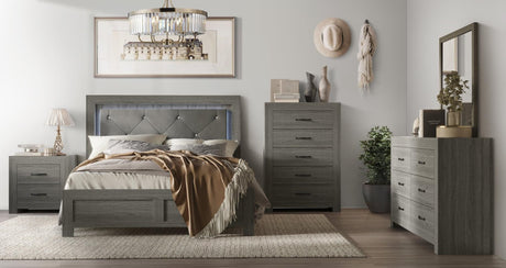 Moonlight Gray tufted velvet upholstered bed with LED lighting front view