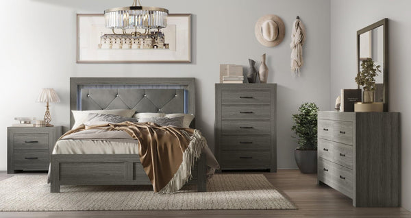 Moonlight Gray tufted velvet upholstered bed with LED lighting front view