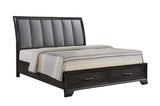 Jaymes Gray Fabric King Storage Platform Bed front view showing slatted headboard and storage drawers