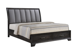 Jaymes Gray Fabric King Storage Platform Bed front view showing slatted headboard and storage drawers