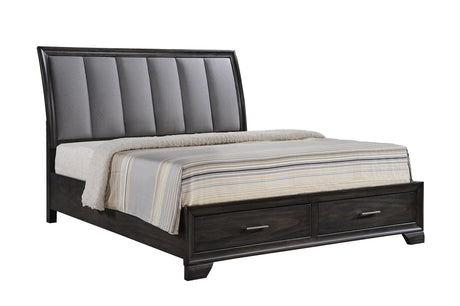 Jaymes Gray Fabric King Storage Platform Bed front view showing slatted headboard and storage drawers