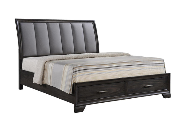 Jaymes Gray Fabric King Storage Platform Bed front view showing slatted headboard and storage drawers