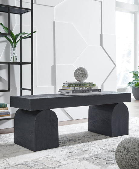 Holgrove black accent bench angled view showing oversized legs