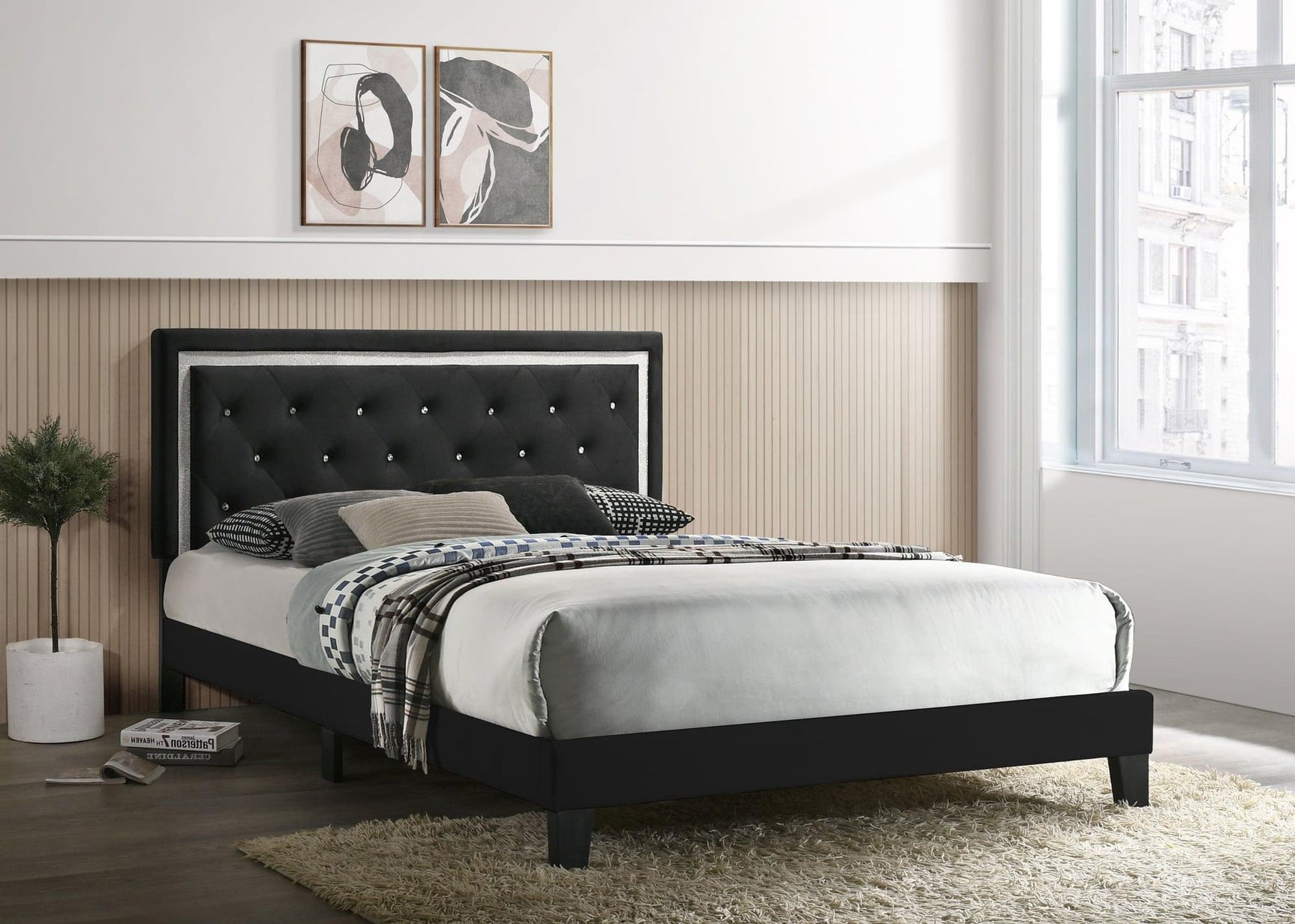 Passion Black Velvet Tufted Upholstered King Platform Bed side view