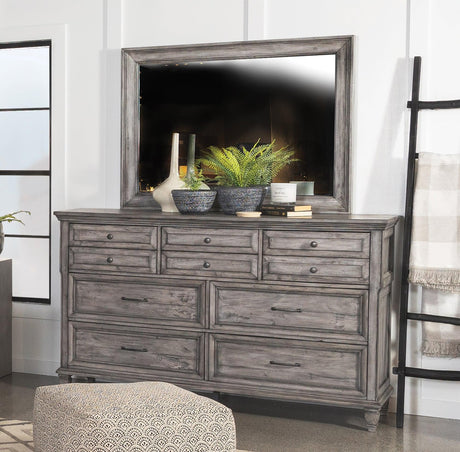 Avenue Grey Rectangular Dresser Mirror showing beveled glass and grey distressed mahogany frame front view