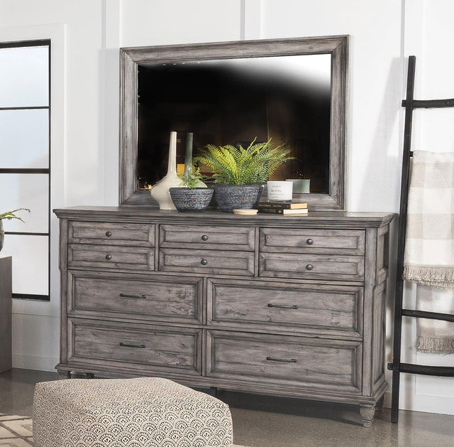 Avenue Grey Rectangular Dresser Mirror showing beveled glass and grey distressed mahogany frame front view