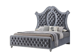 Cameo Gray Faux Leather Upholstered Tufted King Panel Bed front view