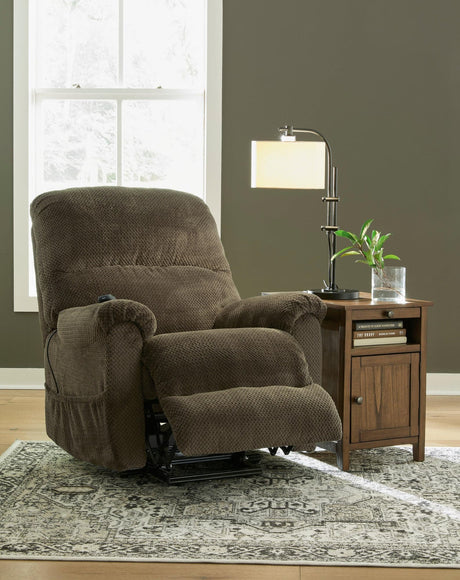 Chocolate fabric power lift recliner angled side view