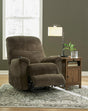 Chocolate fabric power lift recliner angled side view