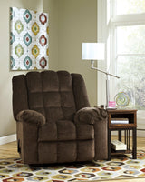 Cocoa Fabric Rocker Recliner with solid wood frame front angle