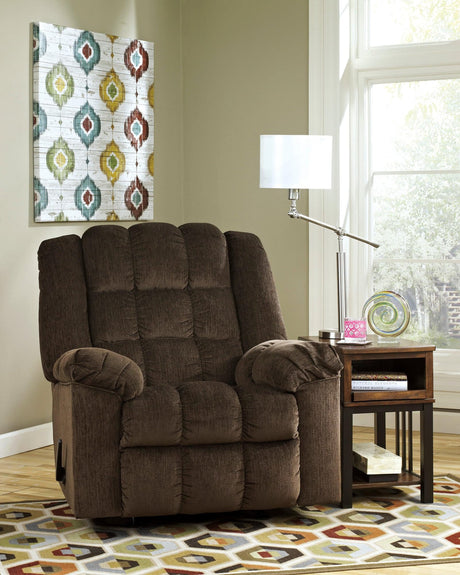 Cocoa Fabric Rocker Recliner with solid wood frame front angle