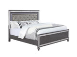 Refino Gray LED Faux Leather Tufted Upholstered King Panel Bed front angle