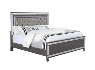 Refino Gray LED Faux Leather Tufted Upholstered King Panel Bed front angle