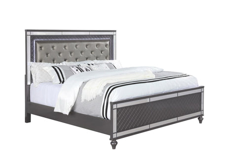 Refino Gray LED Faux Leather Tufted Upholstered King Panel Bed front angle