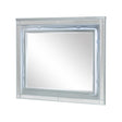 Front view of Gunnison dresser mirror with silver metallic frame and LED lighting