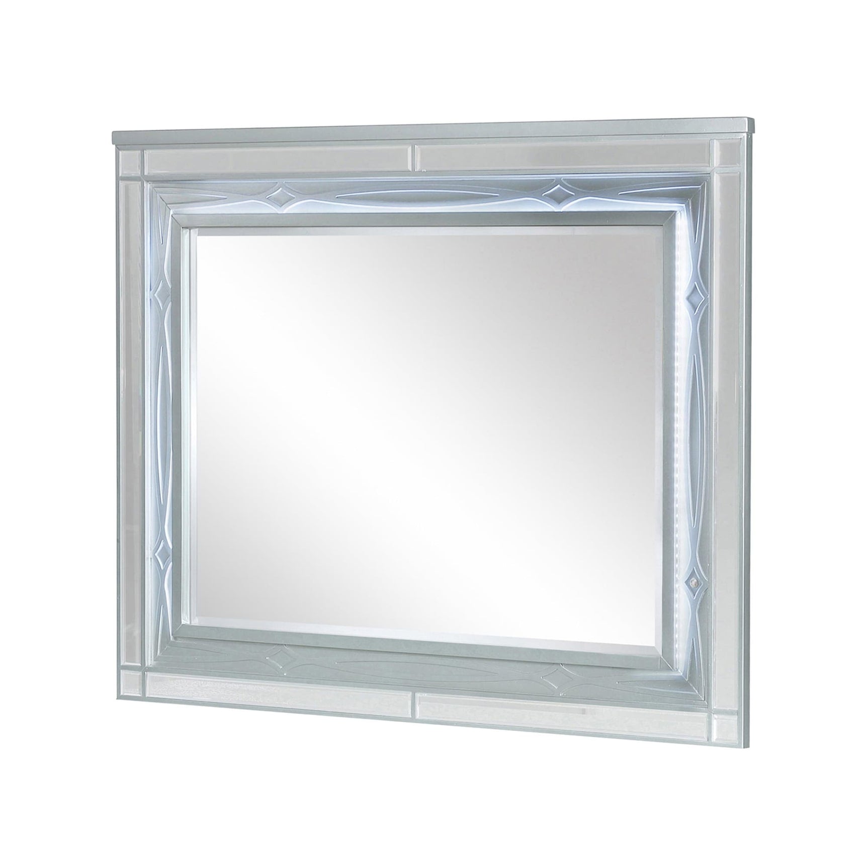 Front view of Gunnison dresser mirror with silver metallic frame and LED lighting