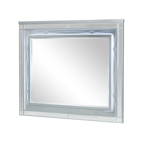 Front view of Gunnison dresser mirror with silver metallic frame and LED lighting