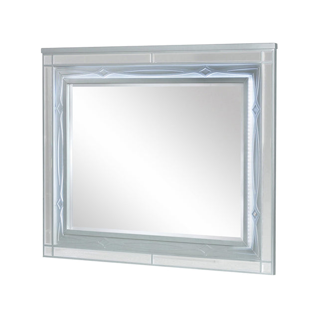 Front view of Gunnison dresser mirror with silver metallic frame and LED lighting