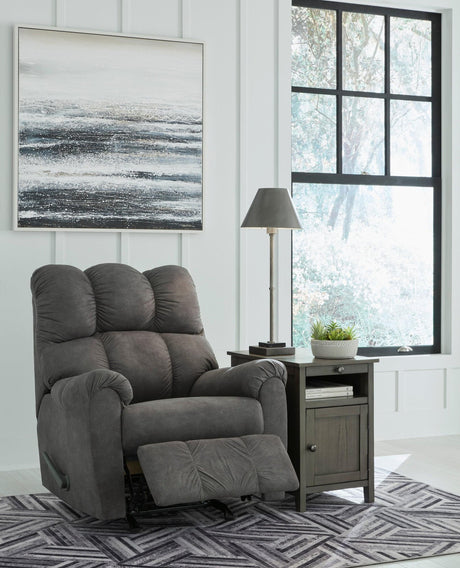 Slate Fabric Recliner angled view showing wooden arms and upholstery
