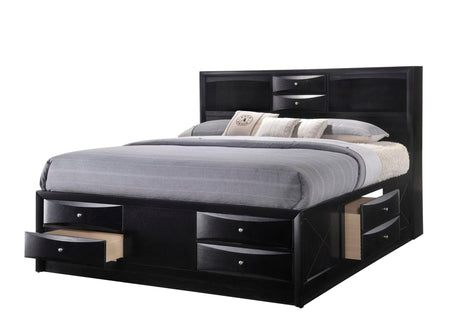 Emily Black King Storage Platform Bed front view with tufted headboard
