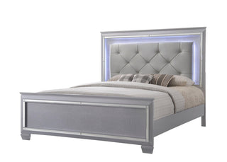 Lillian Silver Tufted Faux Leather King Bed angled view with LED lights