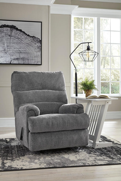 Graphite Fabric Recliner Rocker Chair front angle view