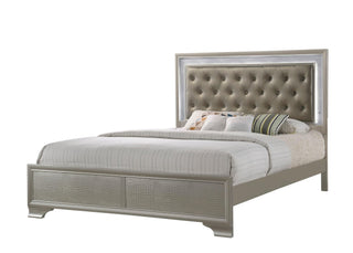 Lyssa Champagne King LED Faux Leather Tufted Upholstered Panel Bed front view
